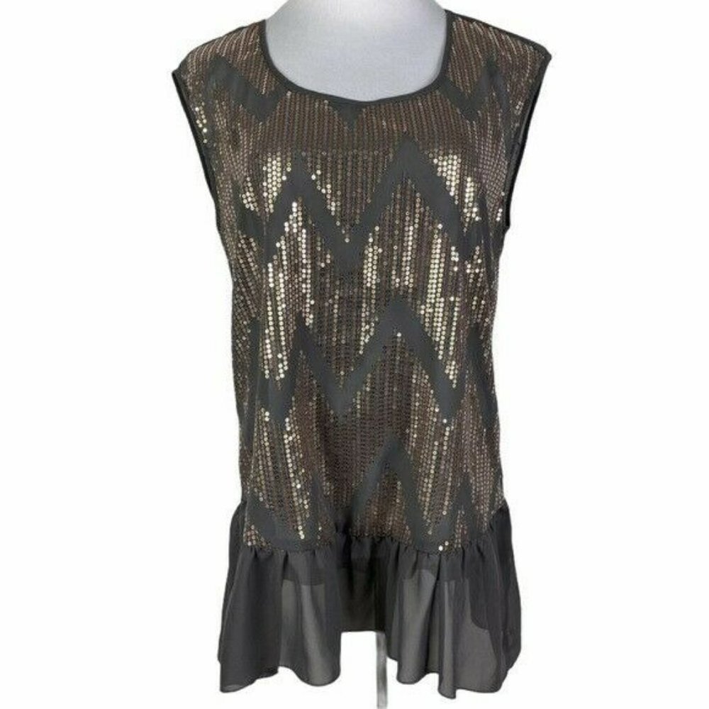 Love Squared Sequin Chevron Keyhole Ruffle Hem Blouse Women's Large Gray‎ Taupe